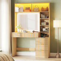 Sikaic Makeup Vanity Fluted Makeup Vanity with Sync Music LED Lights and Glass Top Natural Oak Natural / Engineered Wood / Modern