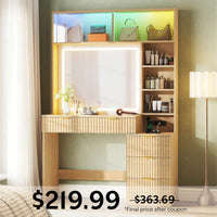 Sikaic Makeup Vanity Fluted Makeup Vanity with Sync Music LED Lights and Glass Top Natural Oak Natural / Engineered Wood / Modern