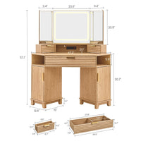 Sikaic Makeup Vanity Large Fluted Makeup Vanity with HD Triple Mirror and Lights Natural Oak Natural / Engineered Wood / Modern