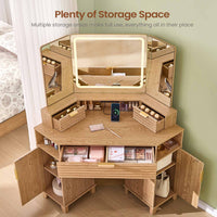 Sikaic Makeup Vanity Large Fluted Makeup Vanity with HD Triple Mirror and Lights Natural Oak Natural / Engineered Wood / Modern