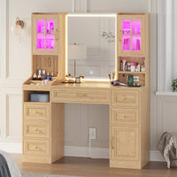 Sikaic Makeup Vanity LED Makeup Vanity with Mirror Charging Station Natural Oak Natural / Engineered Wood / Modern