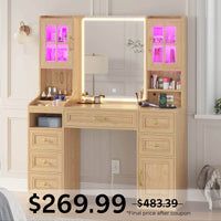 Sikaic Makeup Vanity LED Makeup Vanity with Mirror Charging Station Natural Oak Natural / Engineered Wood / Modern