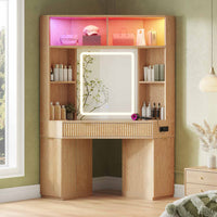 Sikaic Makeup Vanity Makeup Vanity with Sound Sync LED Lights and Glass Top Natural Oak Natural / Engineered Wood / Modern