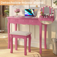Sikaic Makeup Vanity Makeup Vanity Set with Lighted Mirror Stool Drawers and Cushioned Stool Pink Pink / Wood / Modern