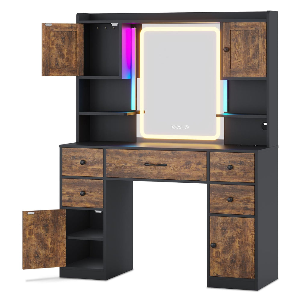 Sikaic Makeup Vanity LED Makeup Vanity with Mirror and Outlet Vintage Brown Vintage Brown / Modern