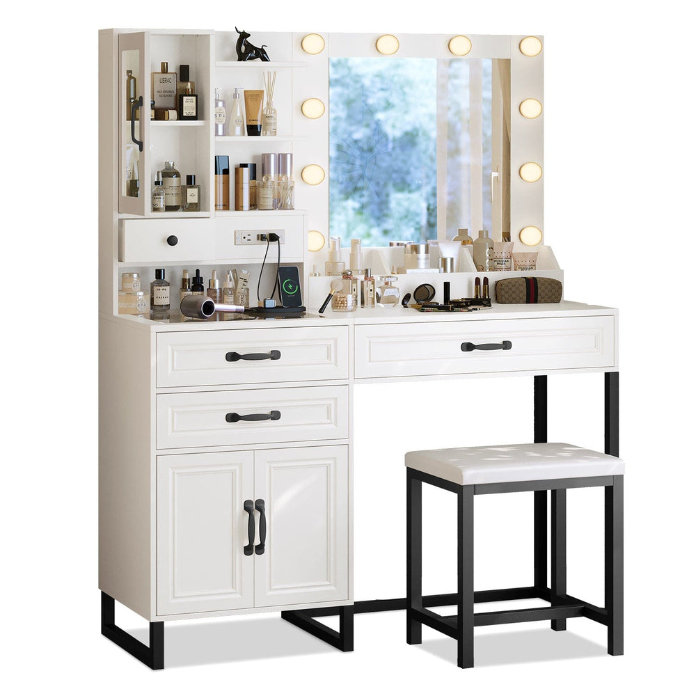 Sikaic Makeup Vanity Glass Top Makeup Vanity Set with Bench White & Black White & Black / Metal / Modern