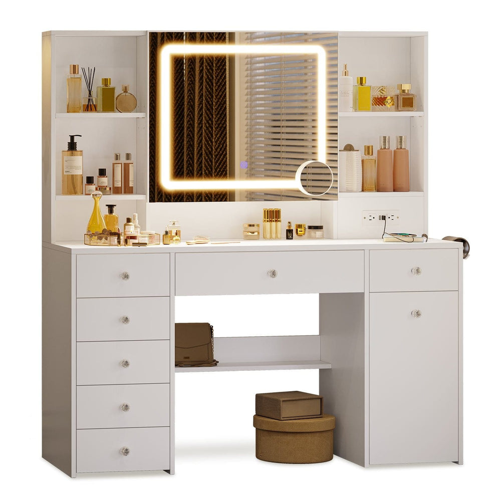 Sikaic Makeup Vanity 47.2 Inches Makeup Vanity with Pull-Out LED Mirror and Power Outlet White White / Engineered Wood / Modern