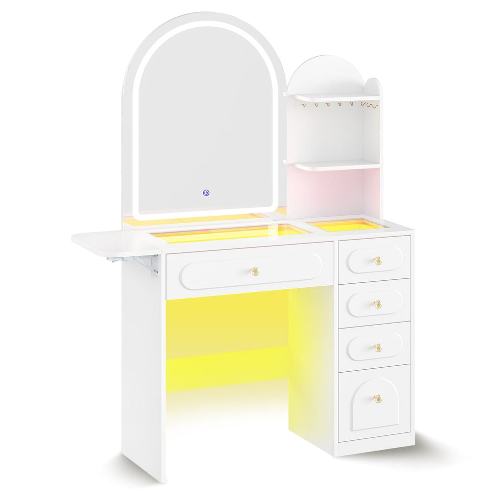 Sikaic Makeup Vanity Arched Makeup Vanity with LED Lighted Mirror and Charging Station White White / Engineered Wood / Modern