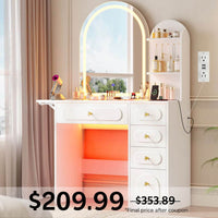 Sikaic Makeup Vanity Arched Makeup Vanity with LED Lighted Mirror and Charging Station White White / Engineered Wood / Modern
