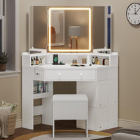 Sikaic Makeup Vanity Corner Makeup Vanity with Tri-Fold Mirror and Cushioned Storage Stool White White / Engineered Wood / Modern