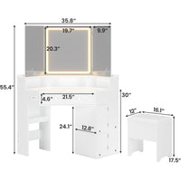Sikaic Makeup Vanity Corner Makeup Vanity with Tri-Fold Mirror and Cushioned Storage Stool White White / Engineered Wood / Modern