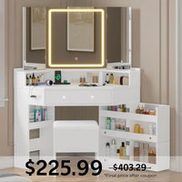 Sikaic Makeup Vanity Corner Makeup Vanity with Tri-Fold Mirror and Cushioned Storage Stool White White / Engineered Wood / Modern