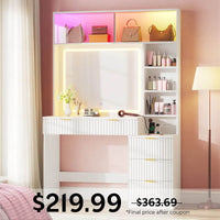 Sikaic Makeup Vanity Fluted Makeup Vanity with Sync Music LED Lights and Glass Top White White / Engineered Wood / Modern