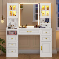 Sikaic Makeup Vanity LED Makeup Vanity with Charging Station White White / Engineered Wood / Modern