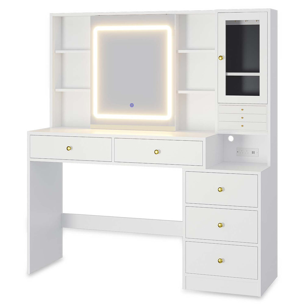 Sikaic Makeup Vanity LED Makeup Vanity with Mirror Jewelry Box White White / Engineered Wood / Modern