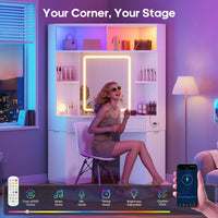 Sikaic Makeup Vanity Makeup Vanity with Sound Sync LED Lights and Glass Top White White / Engineered Wood / Modern