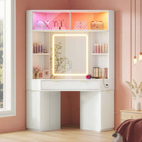 Sikaic Makeup Vanity Makeup Vanity with Sound Sync LED Lights and Glass Top White White / Engineered Wood / Modern