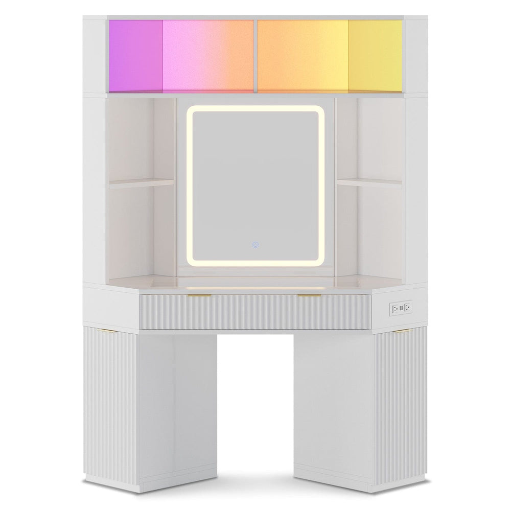 Sikaic Makeup Vanity Makeup Vanity with Sound Sync LED Lights and Glass Top White White / Engineered Wood / Modern