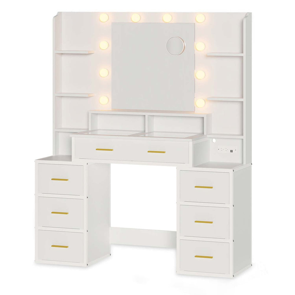 Sikaic Makeup Vanity Glass Top Makeup Vanity with Lighted Mirror White White / Glass / Modern