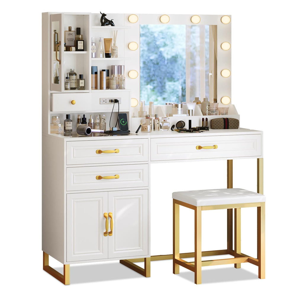 Sikaic Makeup Vanity Glass Top Makeup Vanity Set with Bench White & Gold White & Gold / Metal / Modern