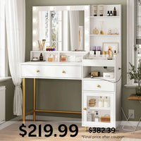 Sikaic Makeup Vanity LED Makeup Vanity with Mirror Charging Station White White / Particle Board / Modern