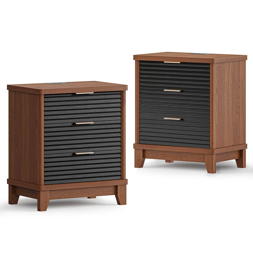 Sikaic Nightstand 2PCS Fluted Nightstand with Charging Station and 3 Drawers Black Black / Engineered Wood / Mid Century