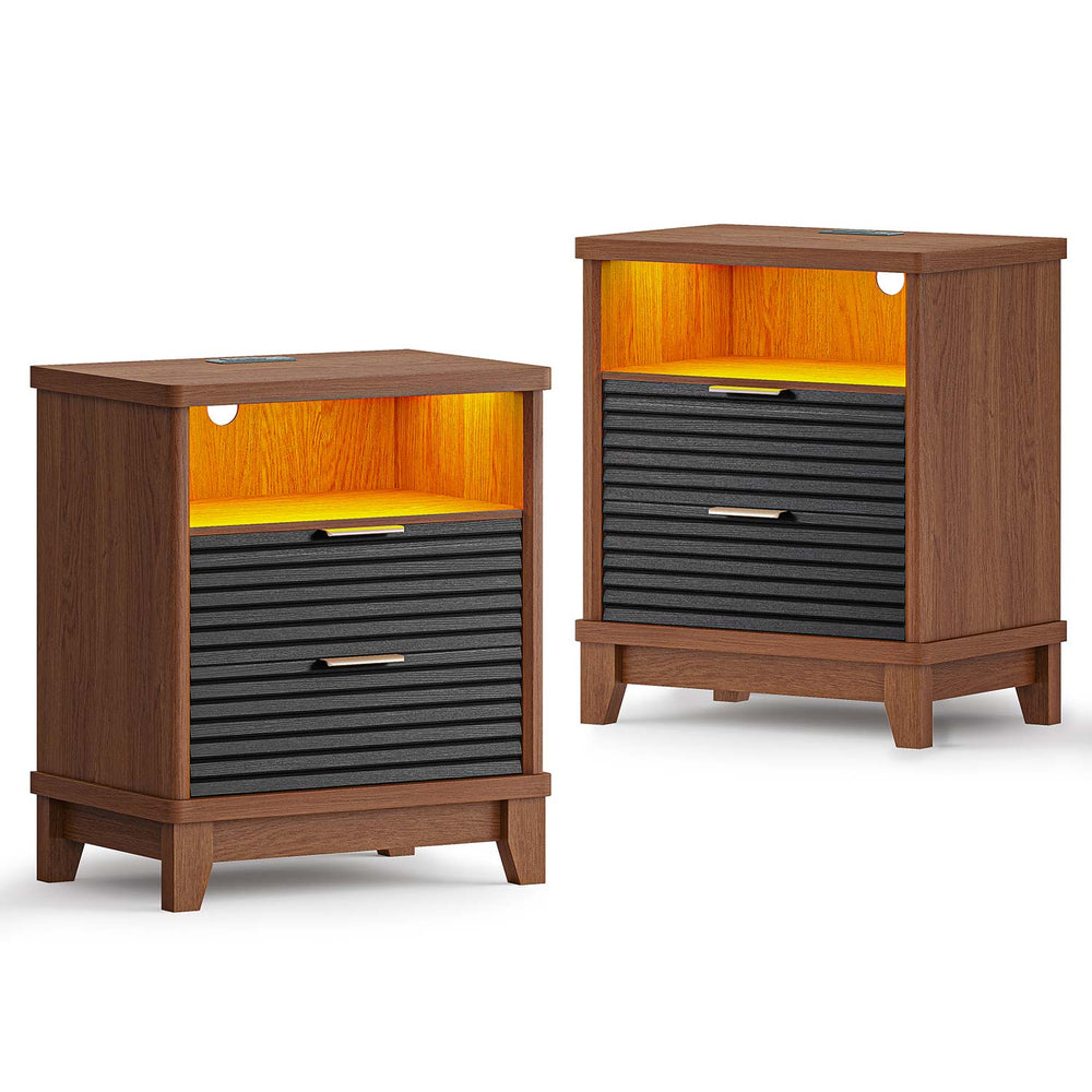 Sikaic Nightstand 2PCS Fluted Nightstand with Charging Station and Led Lights Black Black / Engineered Wood / Mid-Century