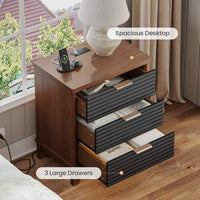 Sikaic Nightstand Fluted Nightstand with Charging Station and 3 Drawers Black Black / Engineered Wood / Mid Century