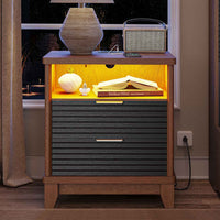 Sikaic Nightstand Fluted Nightstand with Charging Station and Led Lights Black Black / Engineered Wood / Mid-Century