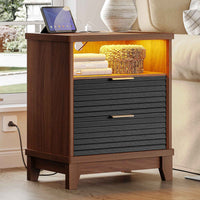 Sikaic Nightstand Fluted Nightstand with Charging Station and Led Lights Black Black / Engineered Wood / Mid-Century