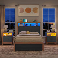 Sikaic Nightstand Fluted Nightstand with Charging Station and Led Lights Black Black / Engineered Wood / Mid-Century