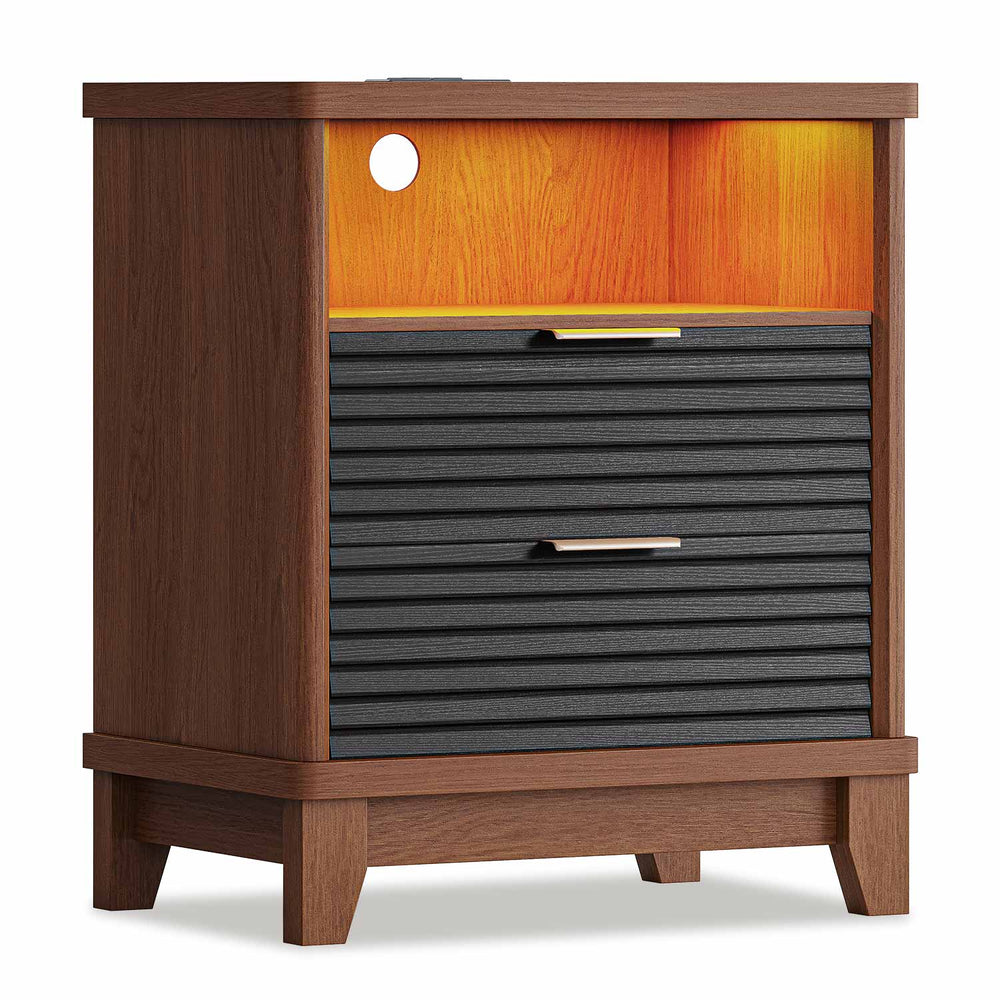 Sikaic Nightstand Fluted Nightstand with Charging Station and Led Lights Black Black / Engineered Wood / Mid-Century