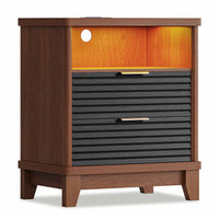 Sikaic Nightstand Fluted Nightstand with Charging Station and Led Lights Black Black / Engineered Wood / Mid-Century