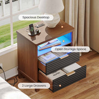 Sikaic Nightstand Fluted Nightstand with Charging Station and Led Lights Black Black / Engineered Wood / Mid Century