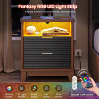 Sikaic Nightstand Fluted Nightstand with Charging Station and Led Lights Black Black / Engineered Wood / Mid Century