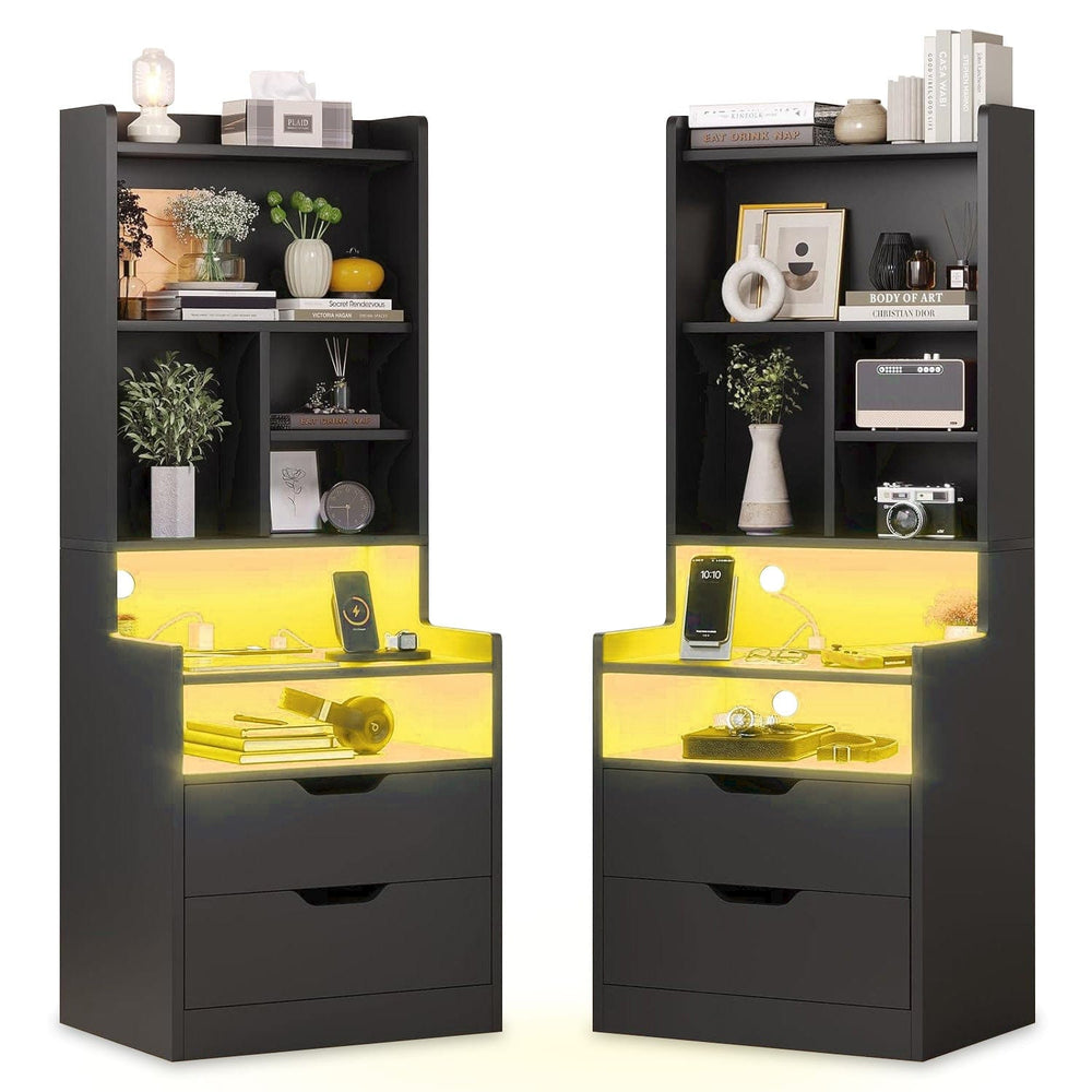 Sikaic Nightstand 2PCS LED Nightstand with Bookshelf Black Black / Engineered Wood / Modern