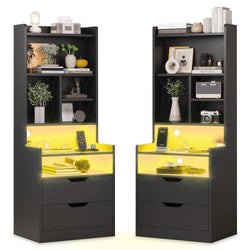 Sikaic Nightstand 2PCS LED Nightstand with Bookshelf Black Black / Engineered Wood / Modern