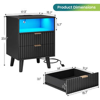 Sikaic Nightstand LED Nightstand with Charging Station and Fluted Panel Black Black / Engineered Wood / Modern