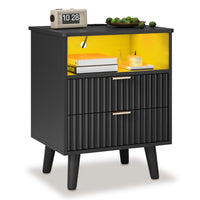 Sikaic Nightstand LED Nightstand with Charging Station and Fluted Panel Black Black / Engineered Wood / Modern