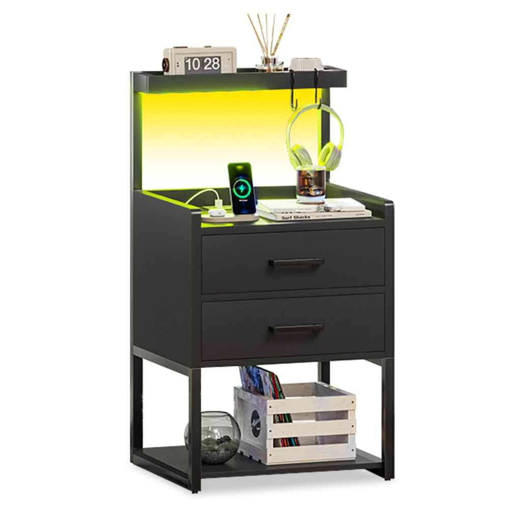 Sikaic Nightstand LED Nightstand with Charging Station Black Black / Engineered Wood / Modern
