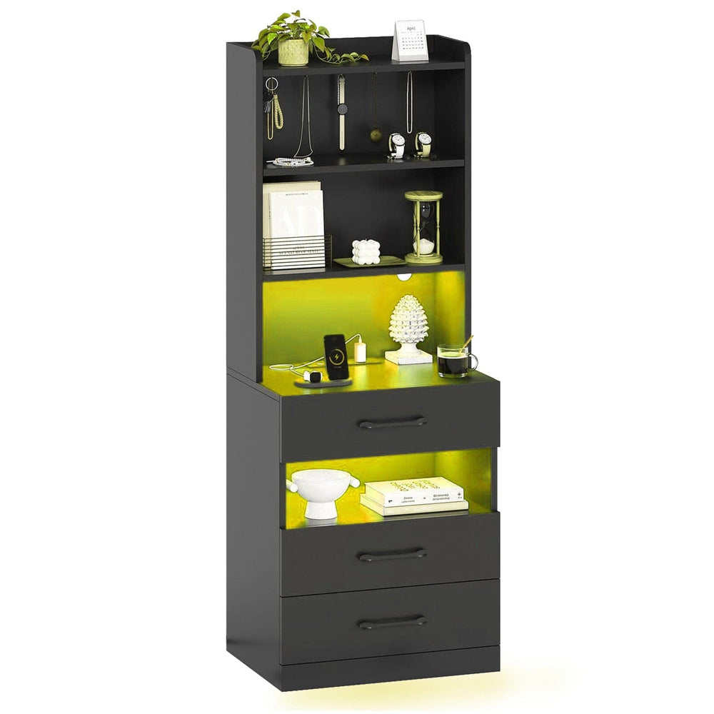 Sikaic Nightstand LED Tall Nightstand with Bookshelf Black Black / Engineered Wood / Modern