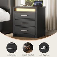 Sikaic Nightstand Nightstand with 3 Drawers and Led Lights Black Black / Engineered Wood / Modern