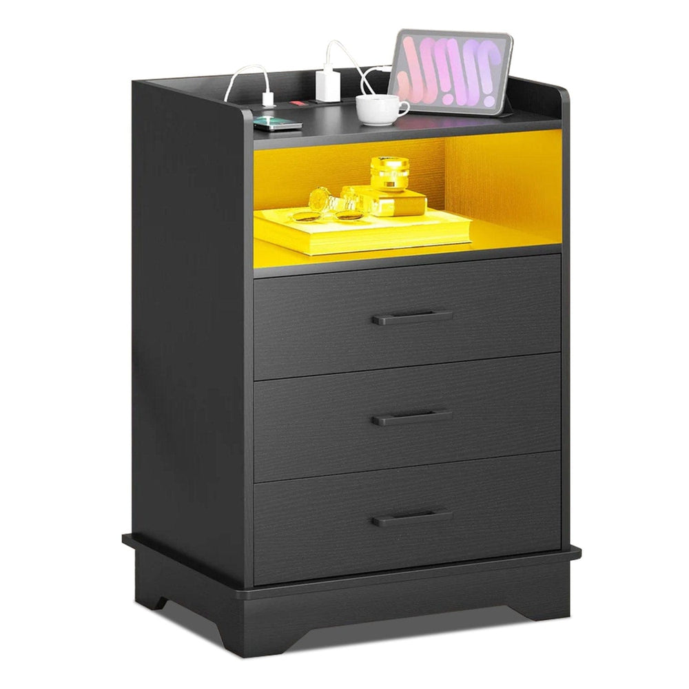 Sikaic Nightstand LED Nightstand with Charging Station 3 Drawers Black Black / Modern
