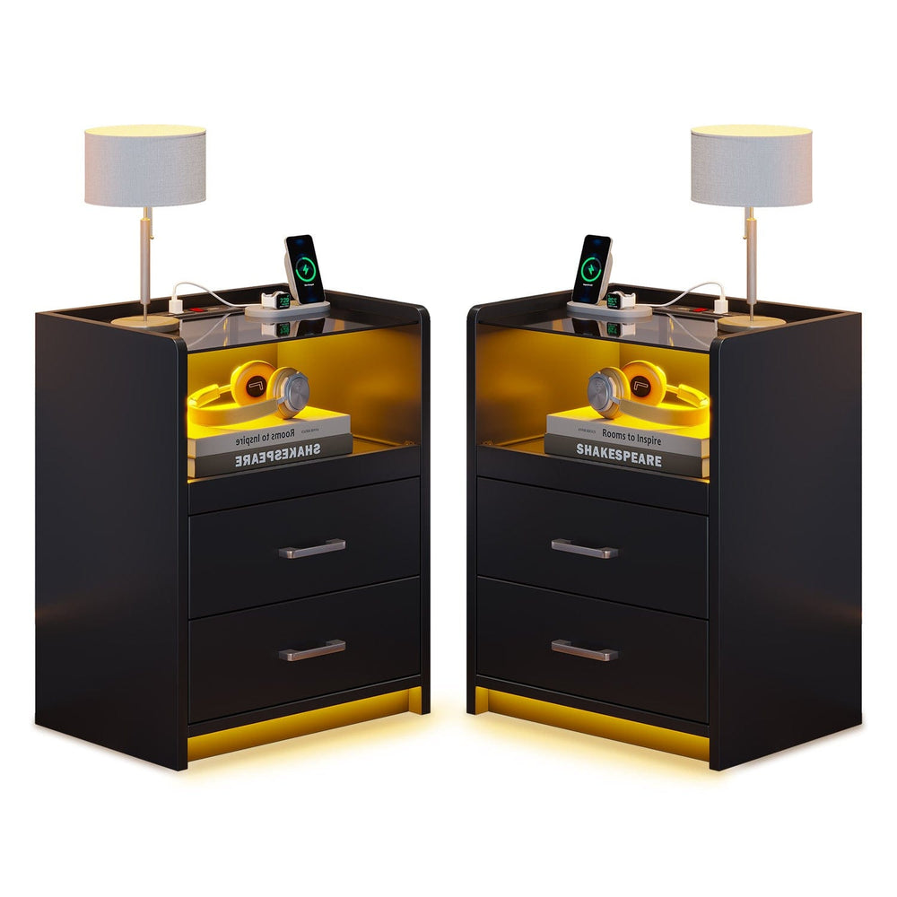 Sikaic Nightstand 2 Pack LED Nightstand with 2 Storage Drawers Black Black / Tempered Glass / Modern