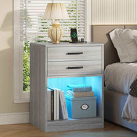 Sikaic Nightstand 2Pcs LED Nightstands with Charging Station Power Outlets and Drawers Grey Grey / Engineered Wood / Modern