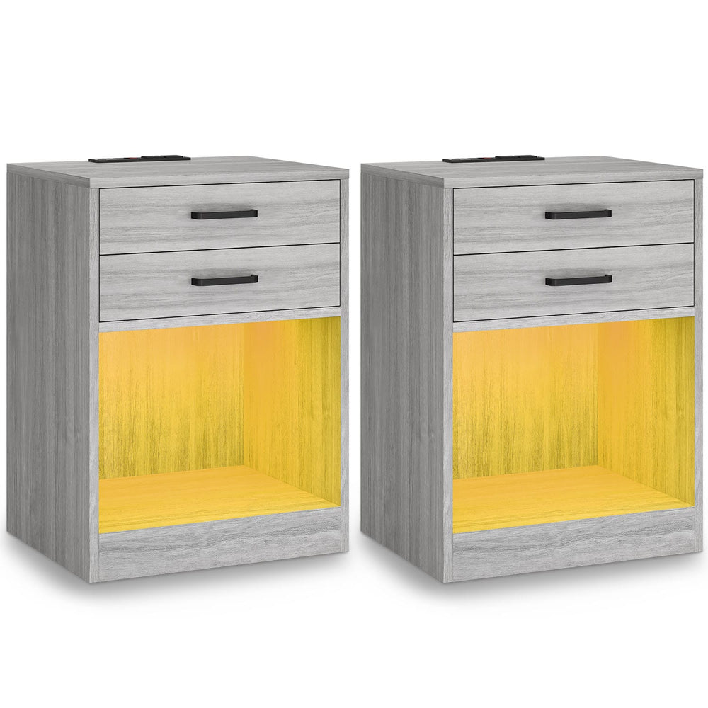 Sikaic Nightstand 2Pcs LED Nightstands with Power Outlets Grey Grey / Engineered Wood / Modern