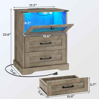 Sikaic Nightstand LED Nightstand with Charging Station 2 Drawers and Open Cubby Rustic Oak Grey Grey / Engineered Wood / Modern