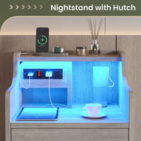 Sikaic Nightstand LED Nightstand with Hutch Drawers Charging Station Grey