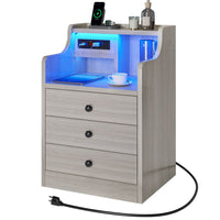 Sikaic Nightstand LED Nightstand with Hutch Drawers Charging Station Grey