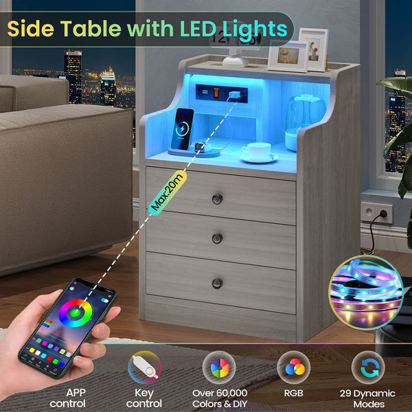 LED Nightstand with Charging Station &amp; Storage Grey | Sikaic